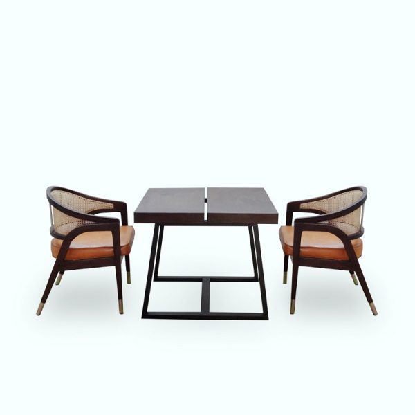 Ganis Dining Set Material Teak Wood Rattan Brass Leather Cushion Rustic Color